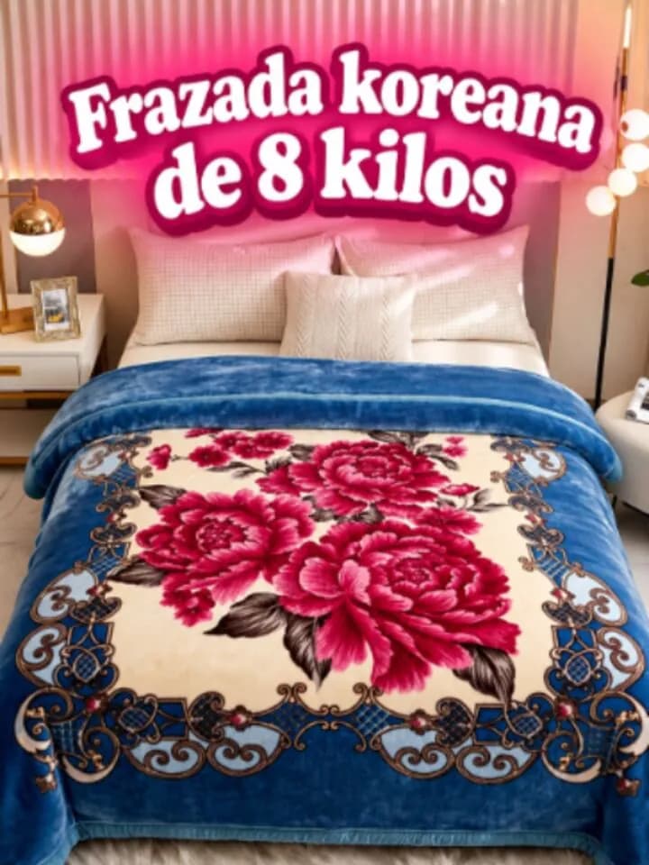 Frazada coreana de 8 kilos azul con diseño de flores sobre una cama
