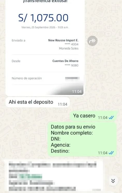 Conversación de WhatsApp con Cliente Juan y comprobante de transferencia de 1,075 soles a New Rousse Import. El número de operación está censurado.