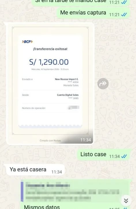 Conversación de WhatsApp con Cliente Rosa y comprobante de transferencia de 1,290 soles a New Rousse Import. El número de operación está censurado.