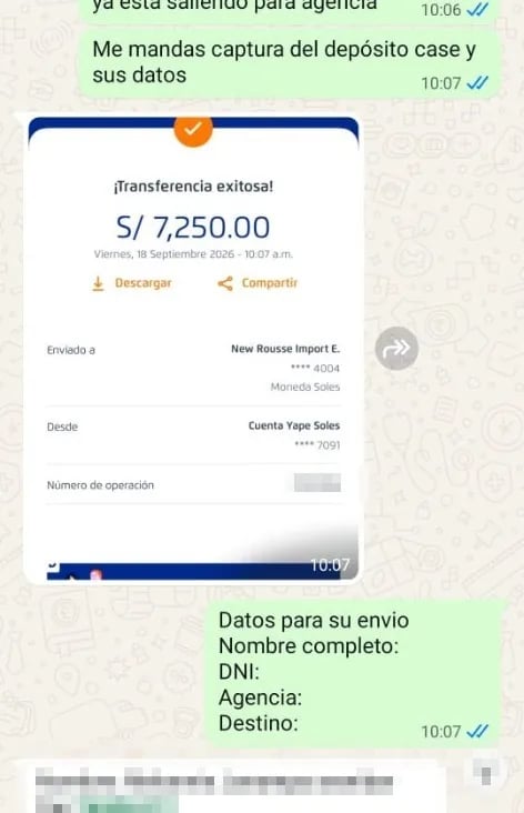 Conversación de WhatsApp con Cliente María y comprobante de transferencia de 7,250 soles a New Rousse Import. El número de operación está censurado.