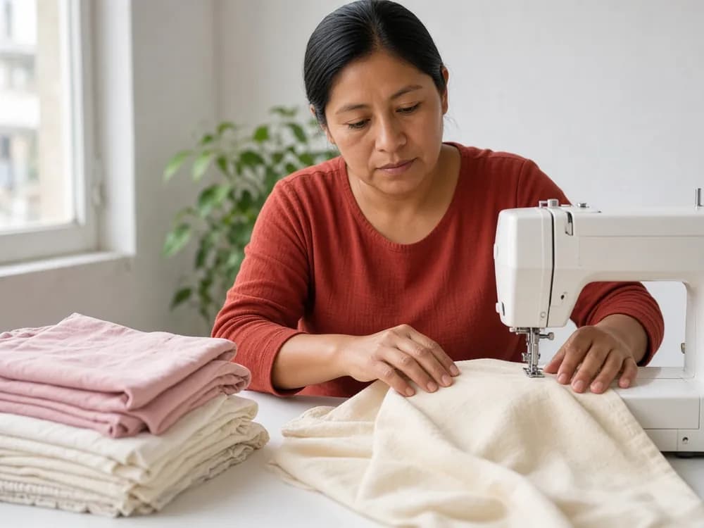Mujer peruana cosiendo telas en el taller